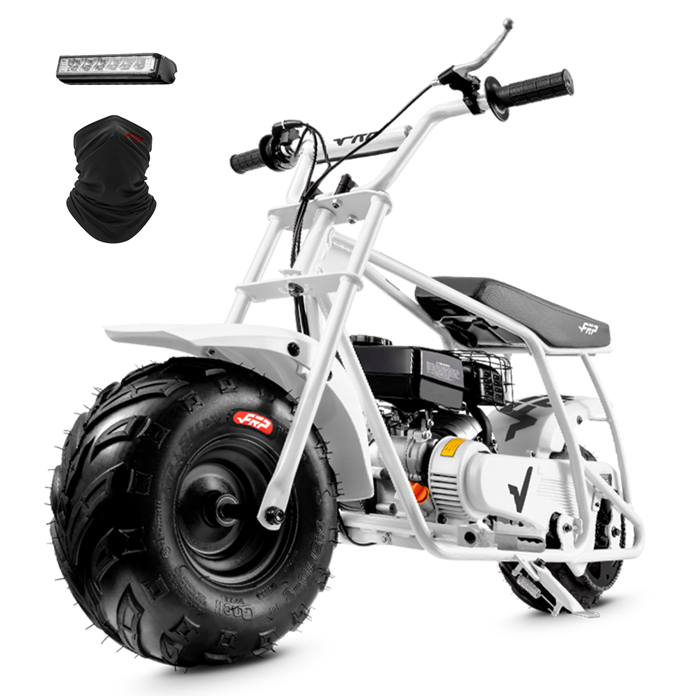 FRP GMB100 99cc gas mini bike on SunF 145/70-6 knobby tires, white, Starter Kit pack