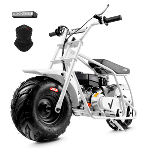 FRP GMB100 99cc gas mini bike on SunF 145/70-6 knobby tires, white, Starter Kit pack