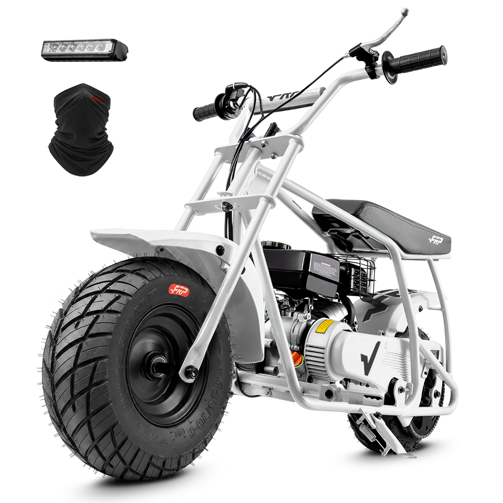 FRP GMB100 99cc gas mini bike on SunF 145/70-6 street tires, white, Starter Kit pack