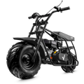 Black off-road gas mini bike with large tires on a white background