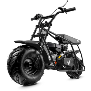 Black off-road gas mini bike with large tires on a white background