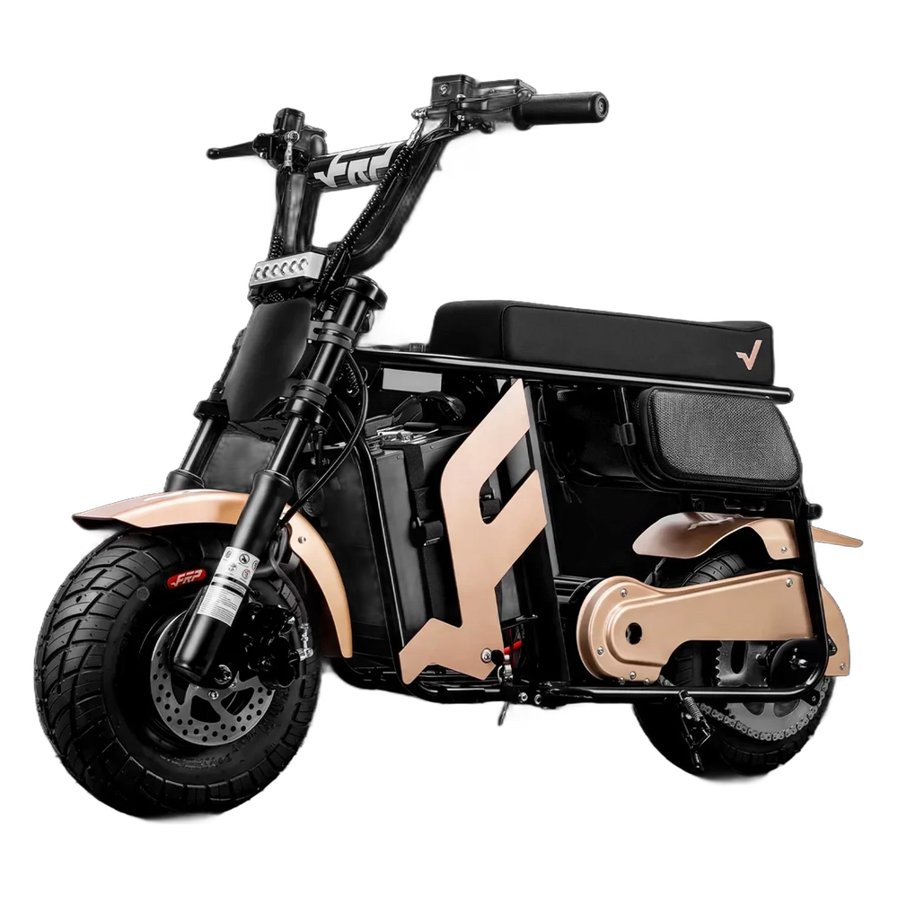 FRP M3 electric mini bike in Black Gold, three-quarter front view