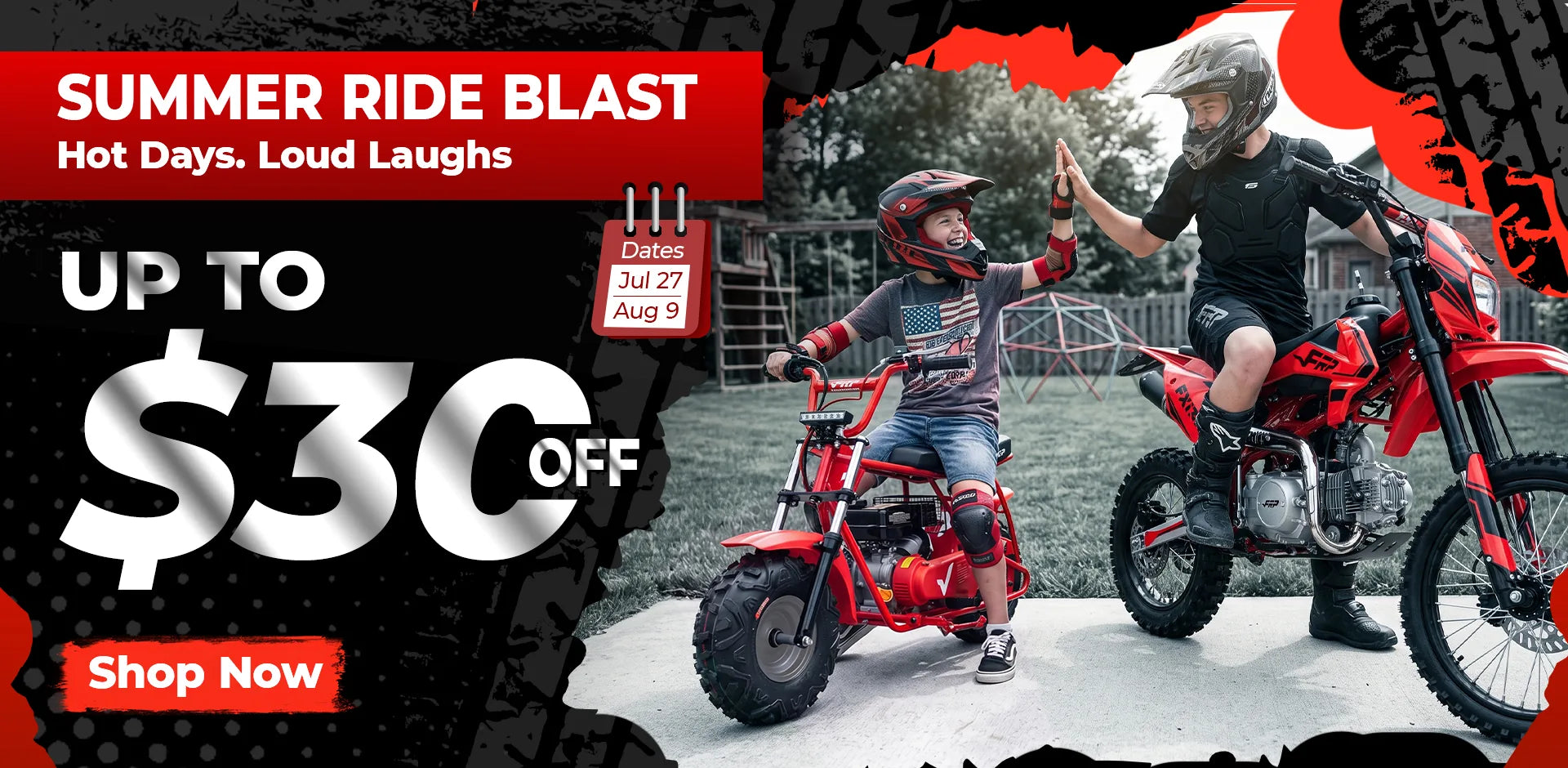 FRP Moto Summer Ride Blast sale banner - up to $30 off mini bikes and dirt bikes, July 27 to August 9