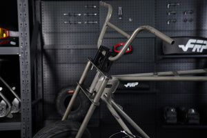 RMB Rebel mini bike rolling chassis front end with 1-inch carbon steel fork and drag geometry