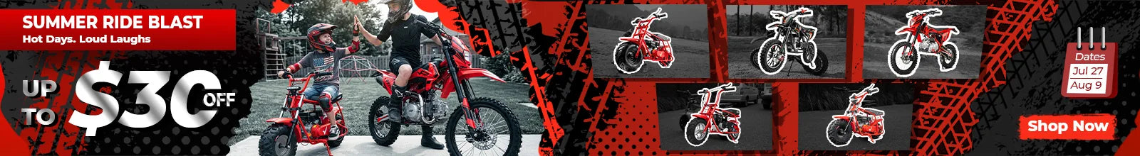 Summer Ride Blast sale collection banner - FRP Moto mini bikes and dirt bikes up to $30 off